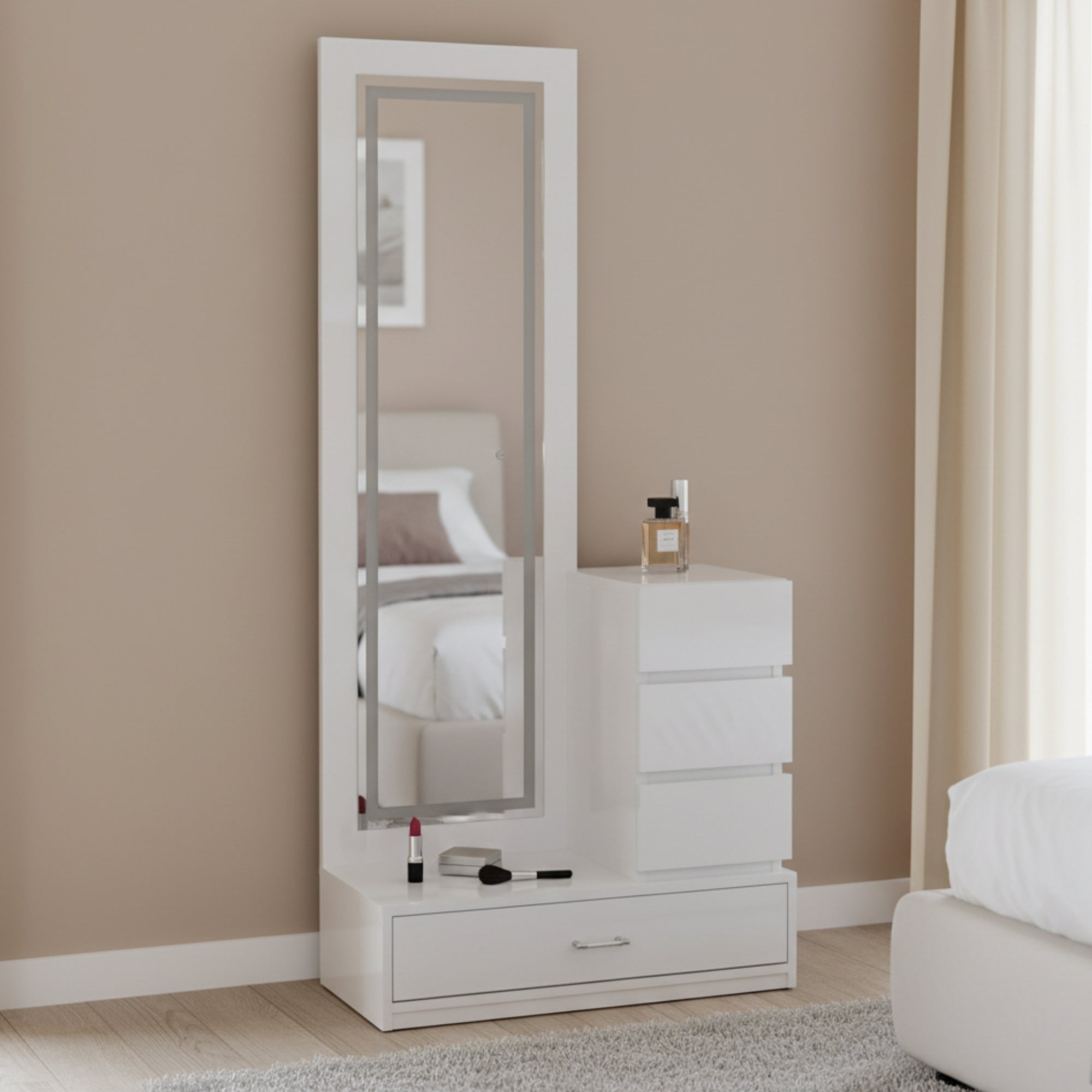 knee length dresses for ladies Vision Glossy White Dressing Table Full-Length Vanity with Drawers & S