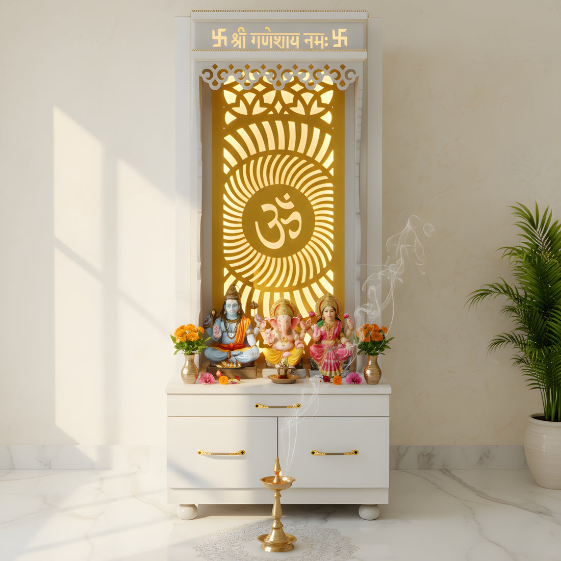 Golden Om Temple - Wooden Pooja Mandir with Storage
