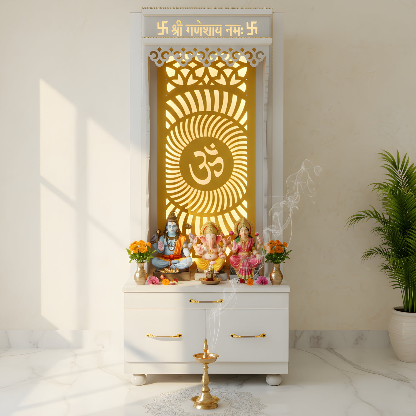 Golden Om Temple - Wooden Pooja Mandir with Storage