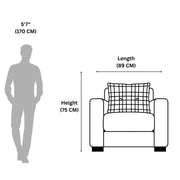 Illustration showing a person and an armchair with dimensions labeled.
