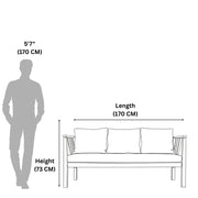 Measurement chart showing a bench's dimensions relative to a human figure on a white background.