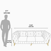 Sofa with dimensions labeled on a white background