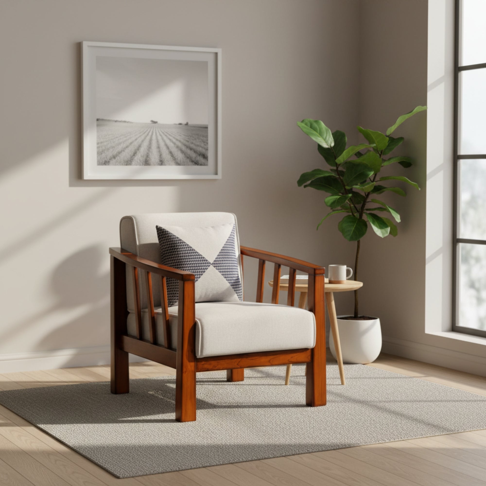 Imperial 1 Seater Sofa- Blue Suede Fabric with Solid Wood Frame & Walnut Finish Legs