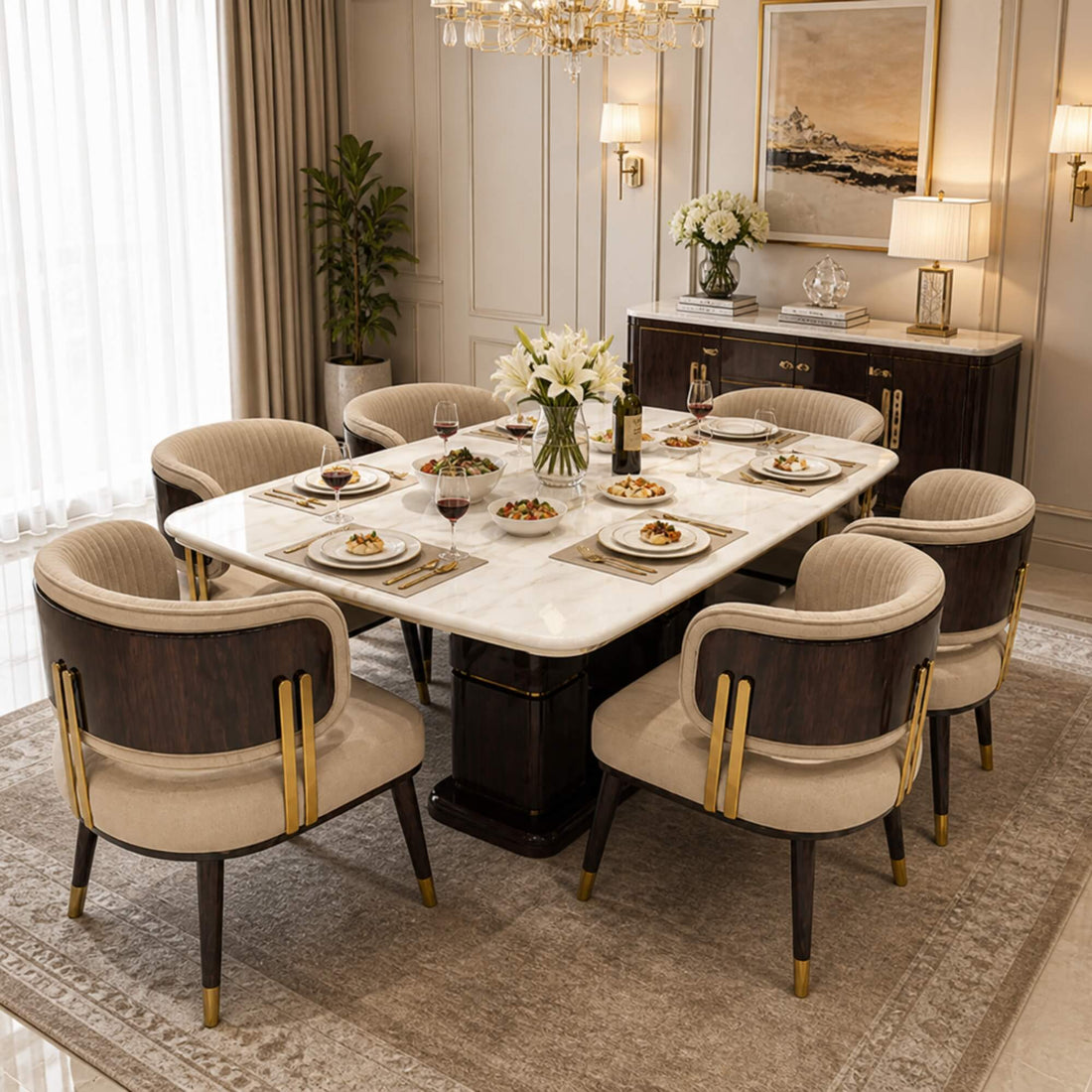 Spike Marble Table 6+1 Seater – Bold Geometry with Luxe Marble Appeal