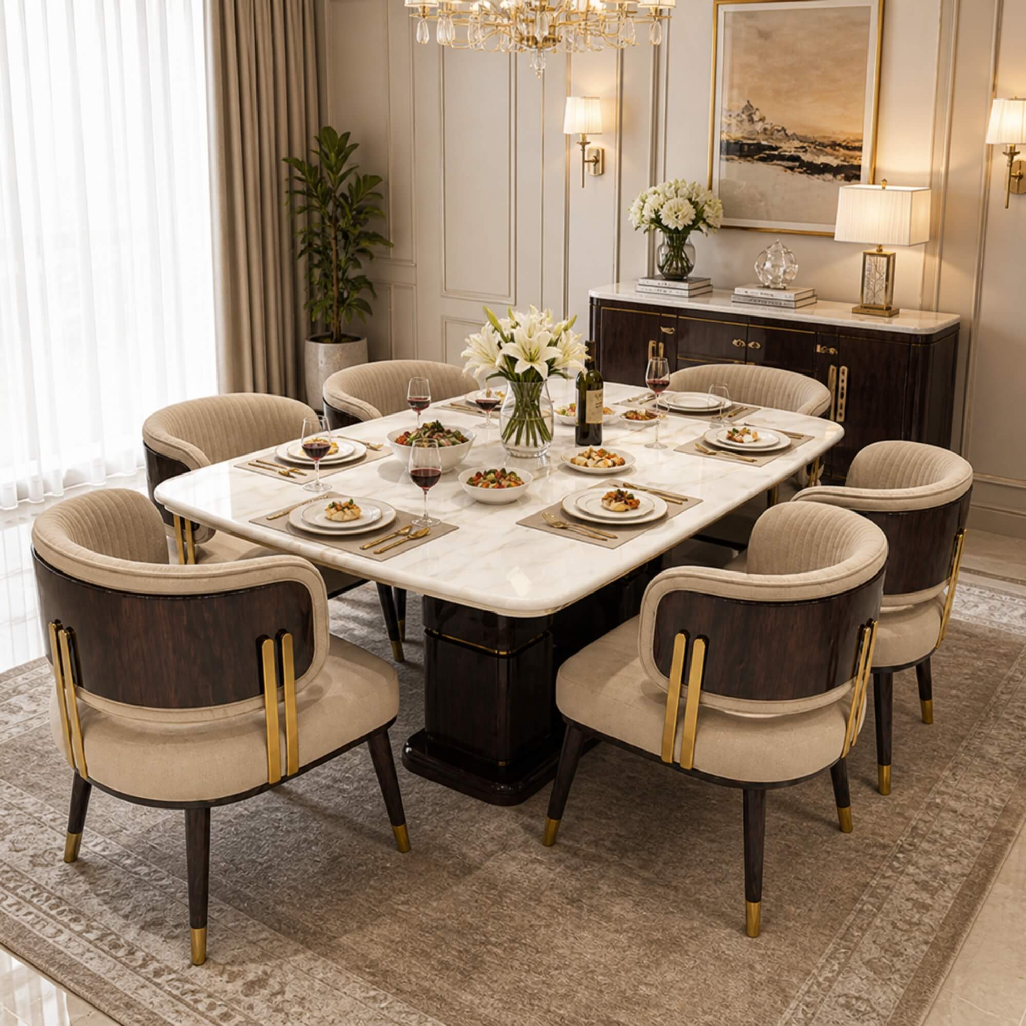 Spike Marble Table 6+1 Seater – Bold Geometry with Luxe Marble Appeal