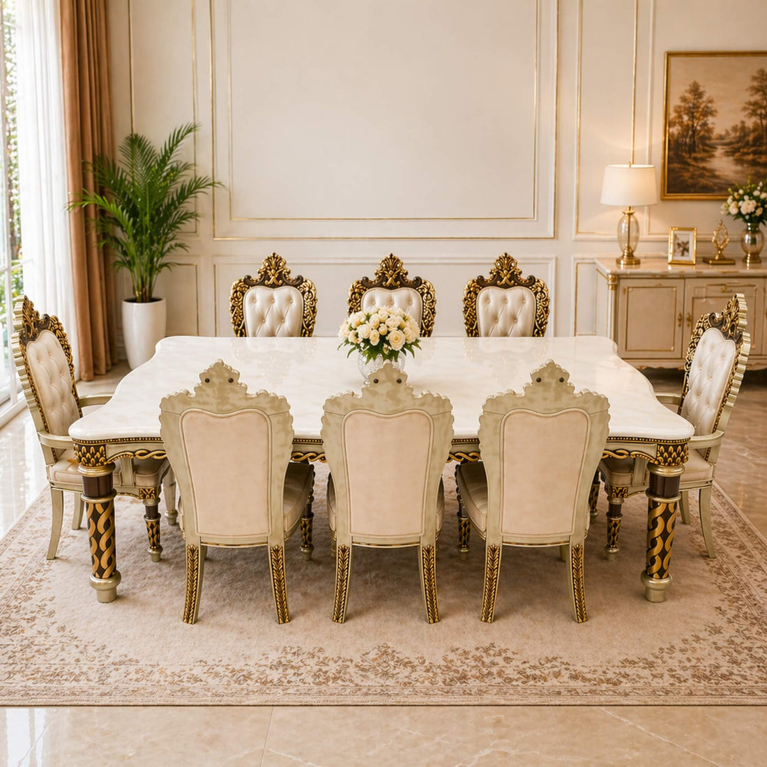 Sapphire 8+1 Seater Marble Dining Table – Classic Grandeur with Ornate Detailing