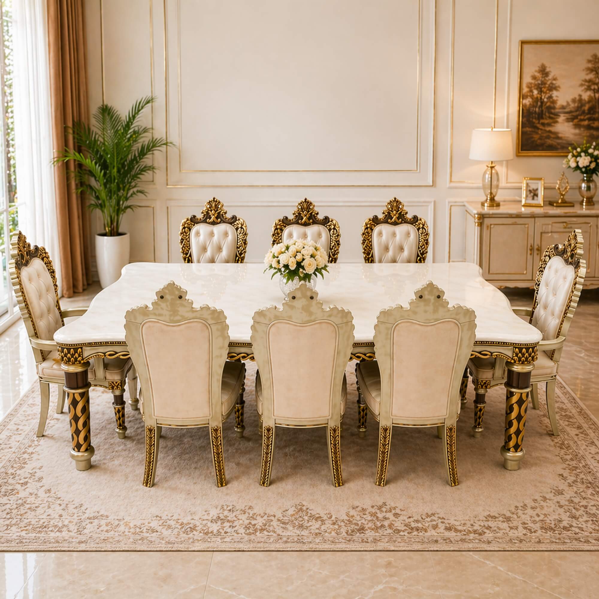 Sapphire 8+1 Seater Marble Dining Table – Classic Grandeur with Ornate Detailing