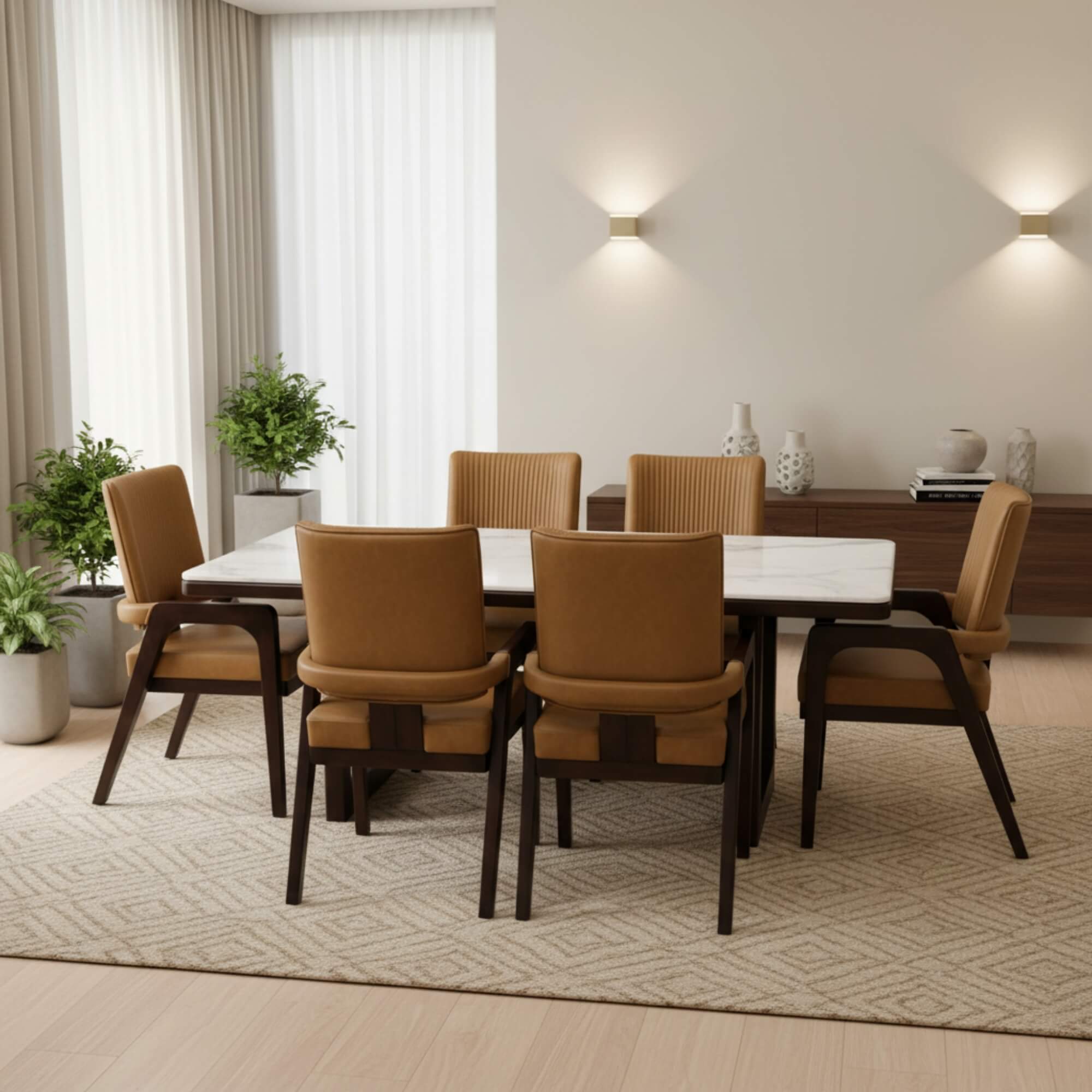 Pixel Dining Table Marble 6+1 Seater- Pixel Wooden Base Dining Set