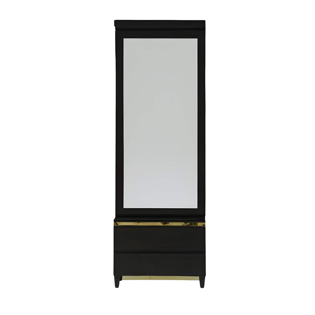 Pacific Dressing Table depicts a large vertical mirror, gold accent trim and lower storage drawers.