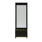 Pacific Dressing Table depicts a large vertical mirror, gold accent trim and lower storage drawers.