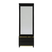 Pacific Dressing Table depicts a large vertical mirror, gold accent trim and lower storage drawers.