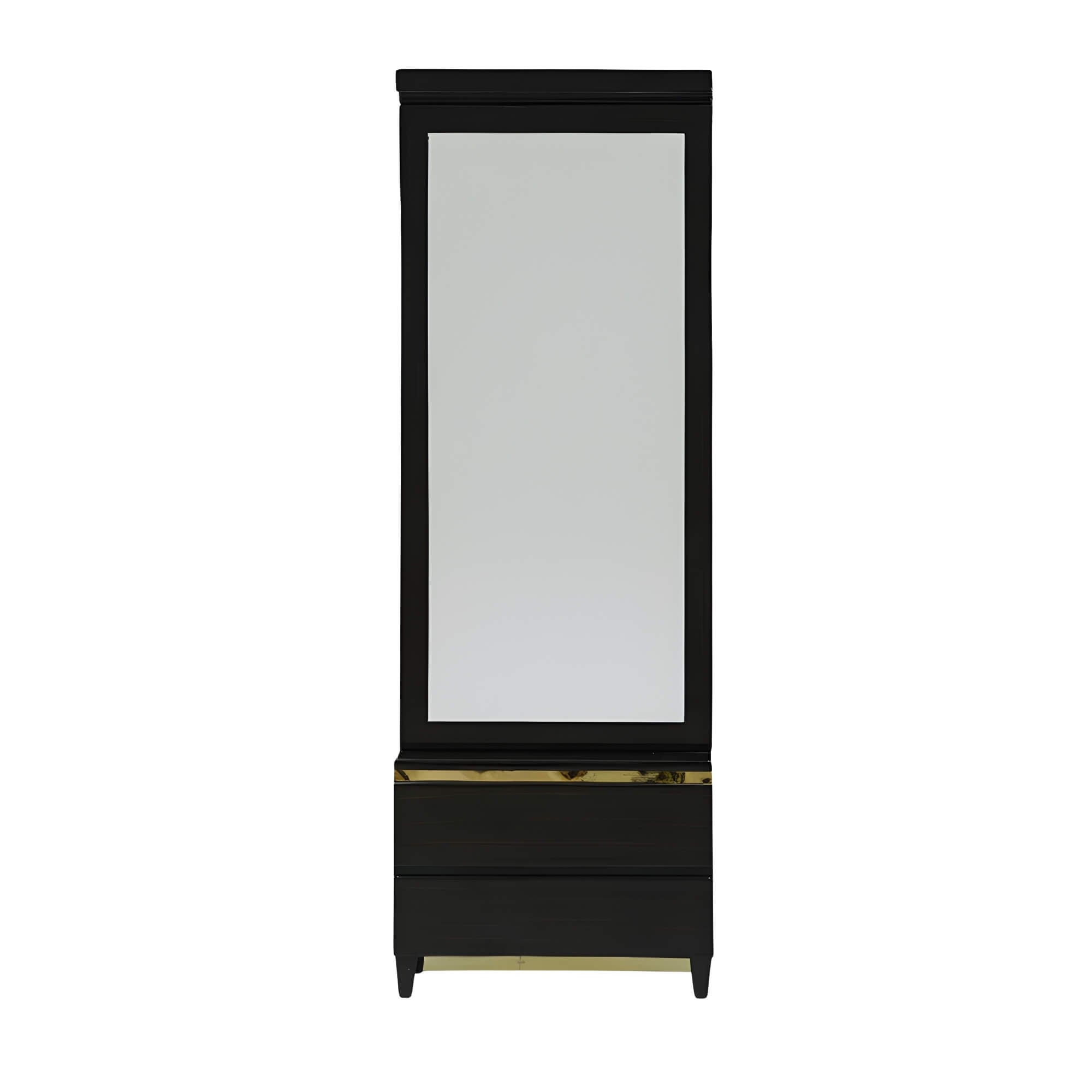 Pacific Dressing Table depicts a large vertical mirror, gold accent trim and lower storage drawers.