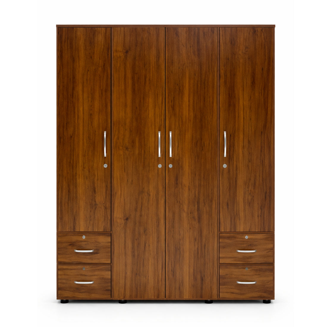 Wooden wardrobe with four doors and two drawers on a white background