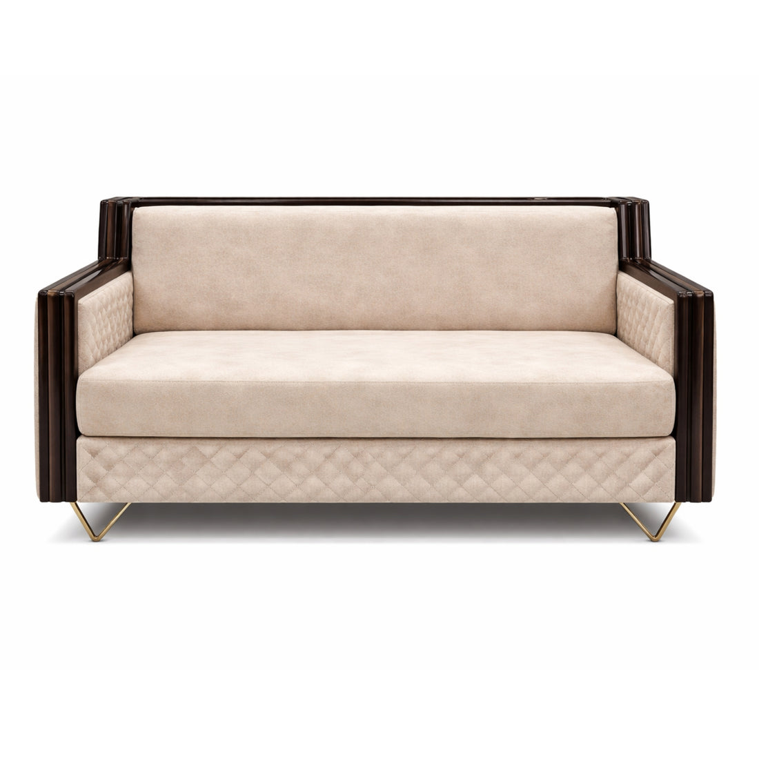 Beige sofa with quilted pattern and dark wooden frame on a white background