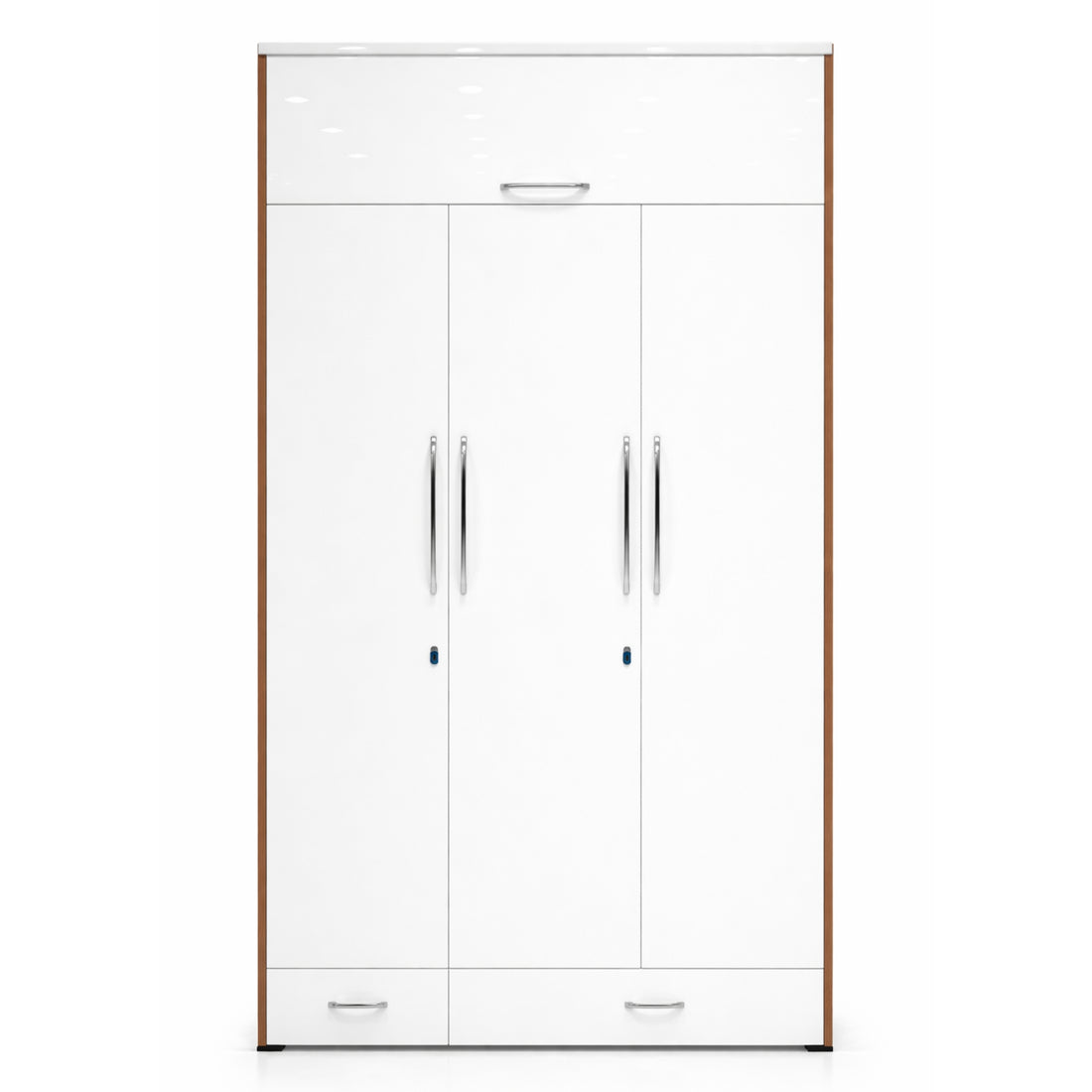 White wardrobe with wooden frame and handles on a white background