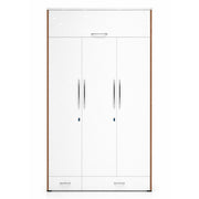 White wardrobe with wooden frame and handles on a white background