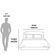 Bed dimensions shown with a person for scale on a white background
