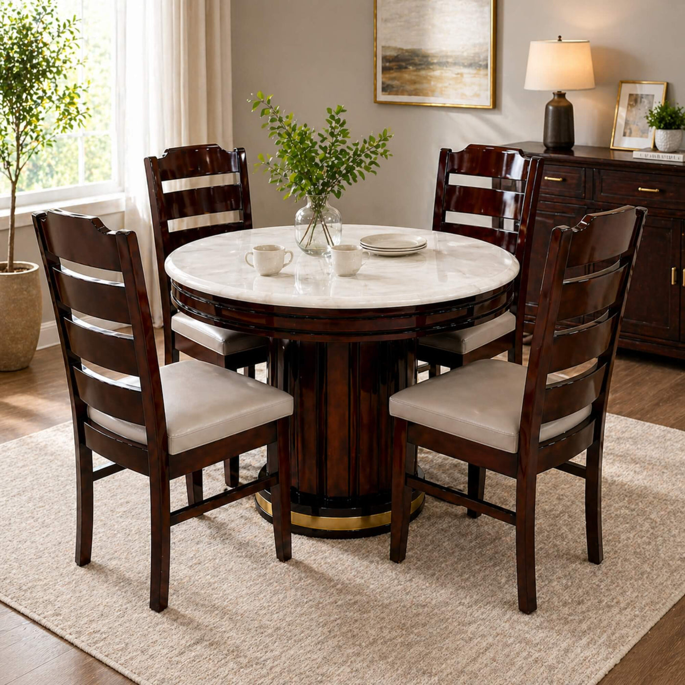 Averi Marble 4+1 Seater Round Dining Table – Timeless Sophistication with Modern Marble Charm