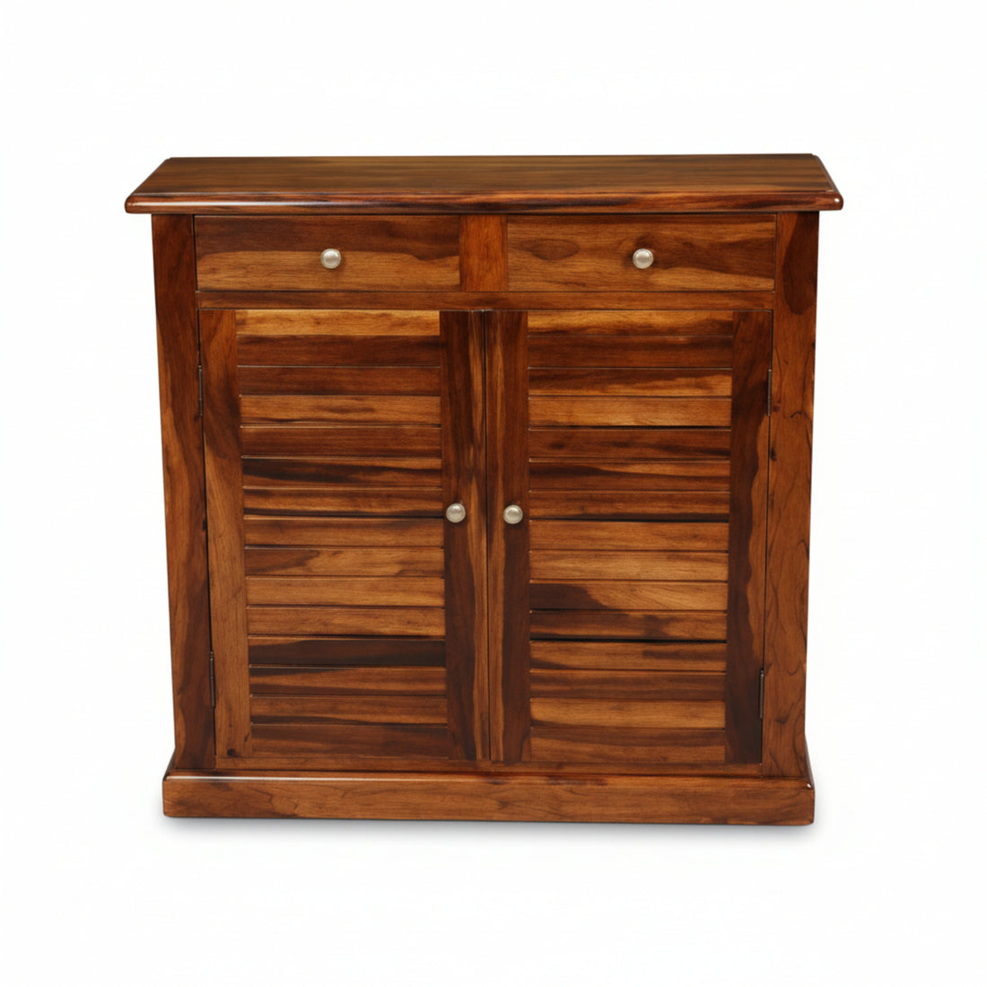 Wooden cabinet with two doors and two drawers on a white background