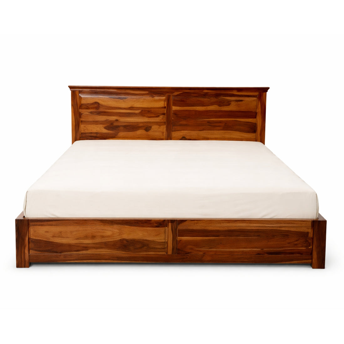 Wooden bed with white mattress on a white background