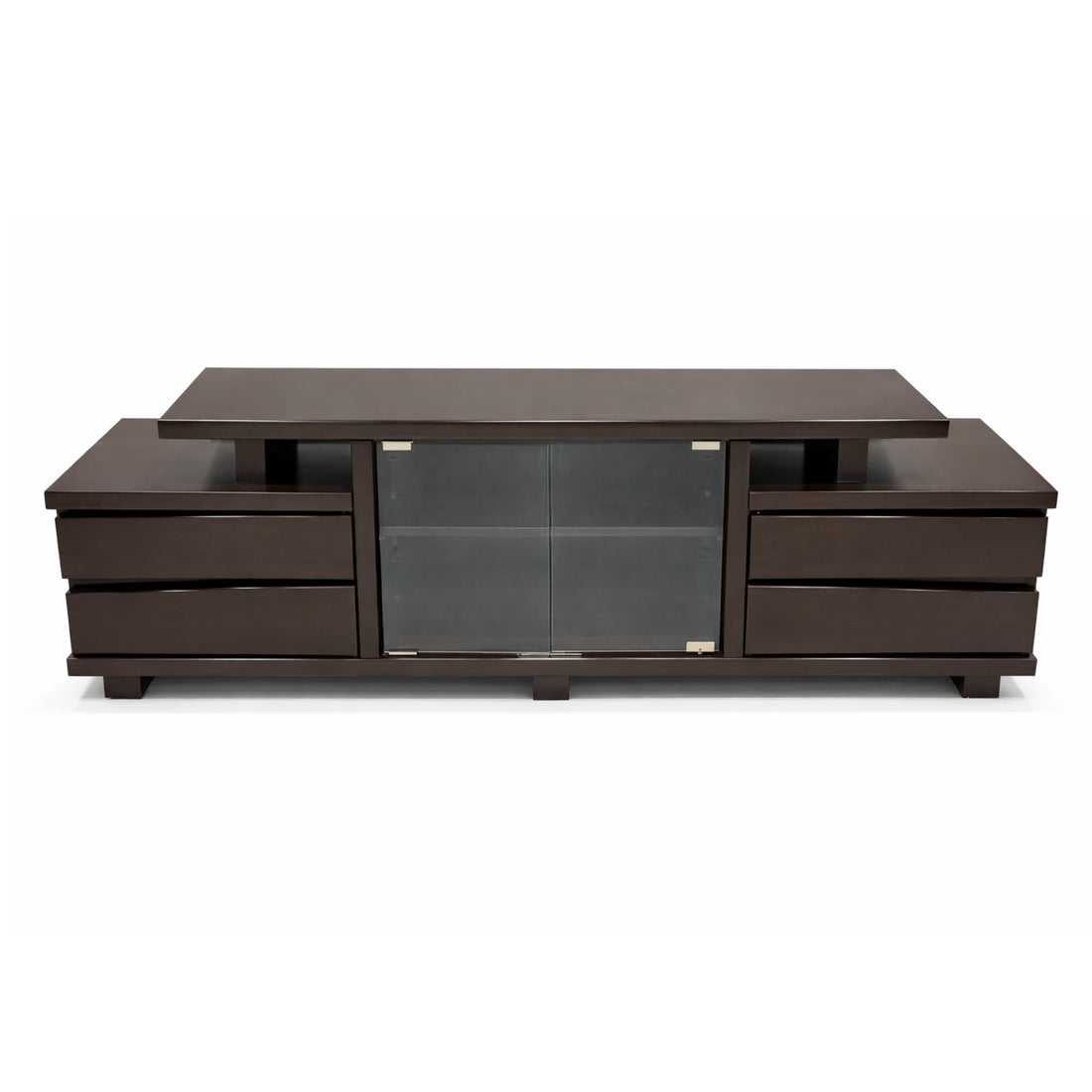 Dark brown wooden TV stand with glass panel on a white background