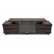 Dark brown wooden TV stand with glass panel on a white background
