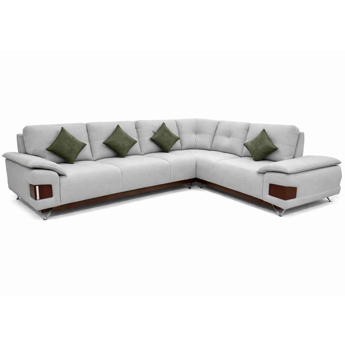Gray sectional sofa with green cushions on a white background