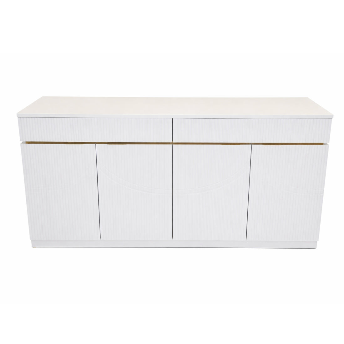 White storage bench with gold accents on a white background