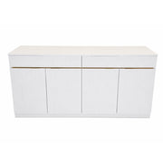 White storage bench with gold accents on a white background