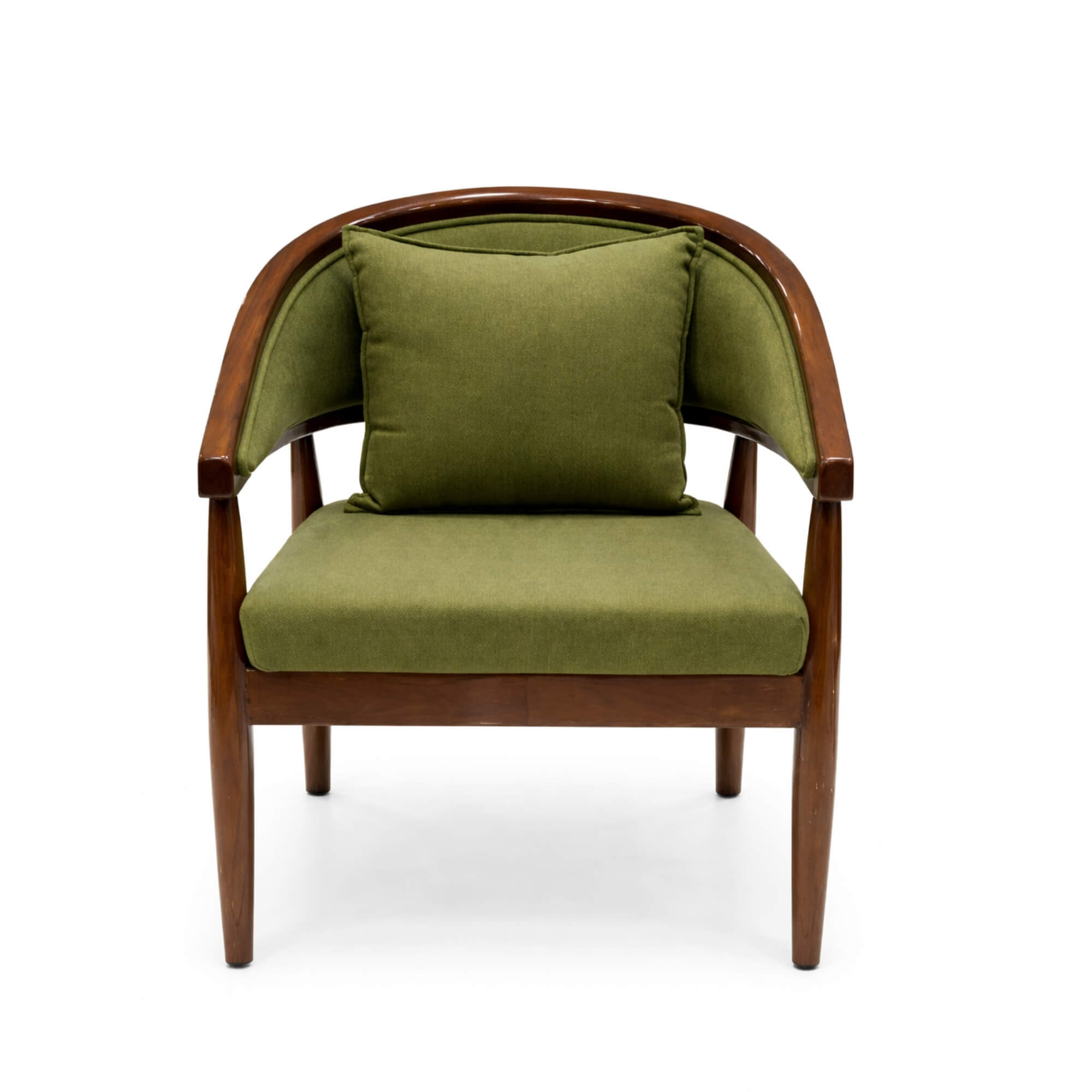 Green armchair with wooden frame on a white background