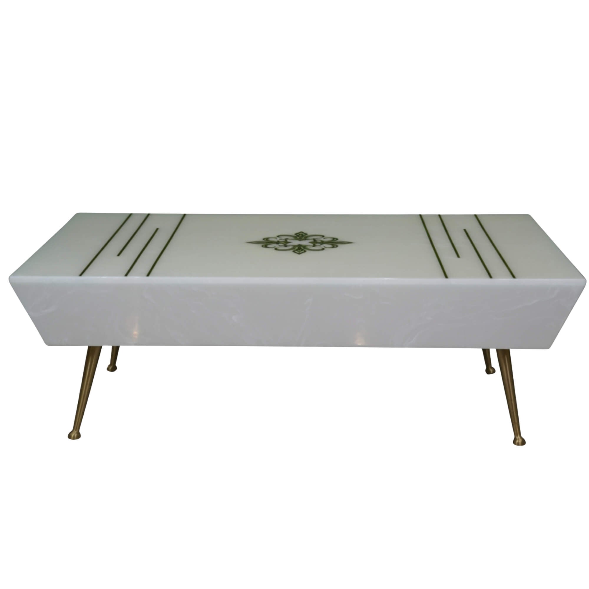 Mercy Coffee Table showcases geometric gold line details, a central medallion inlay and tapered gold legs.