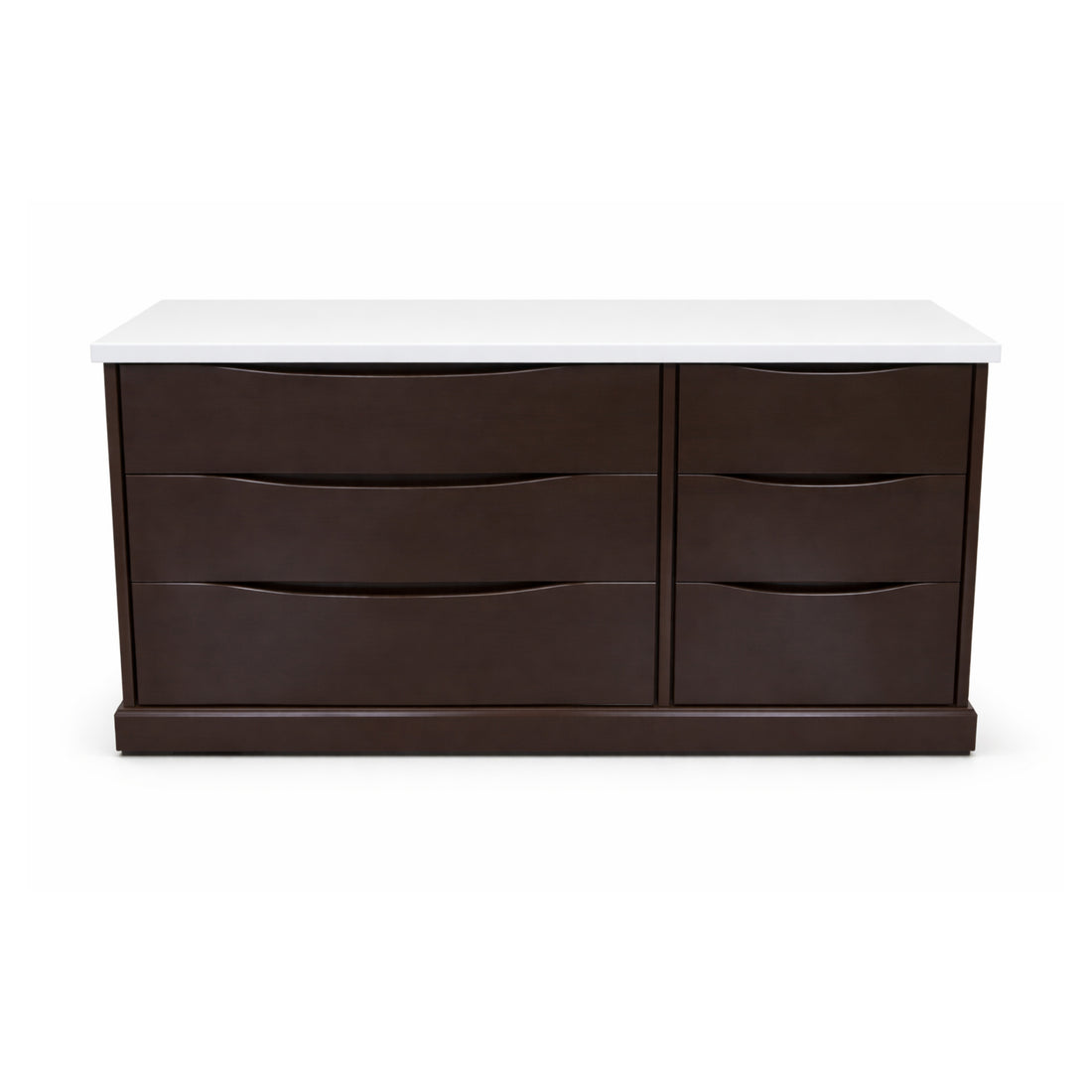 Dark brown dresser with white top on a white background