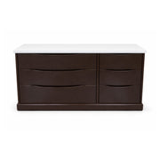 Dark brown dresser with white top on a white background