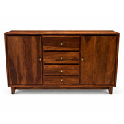 Wooden sideboard with drawers and doors on a white background