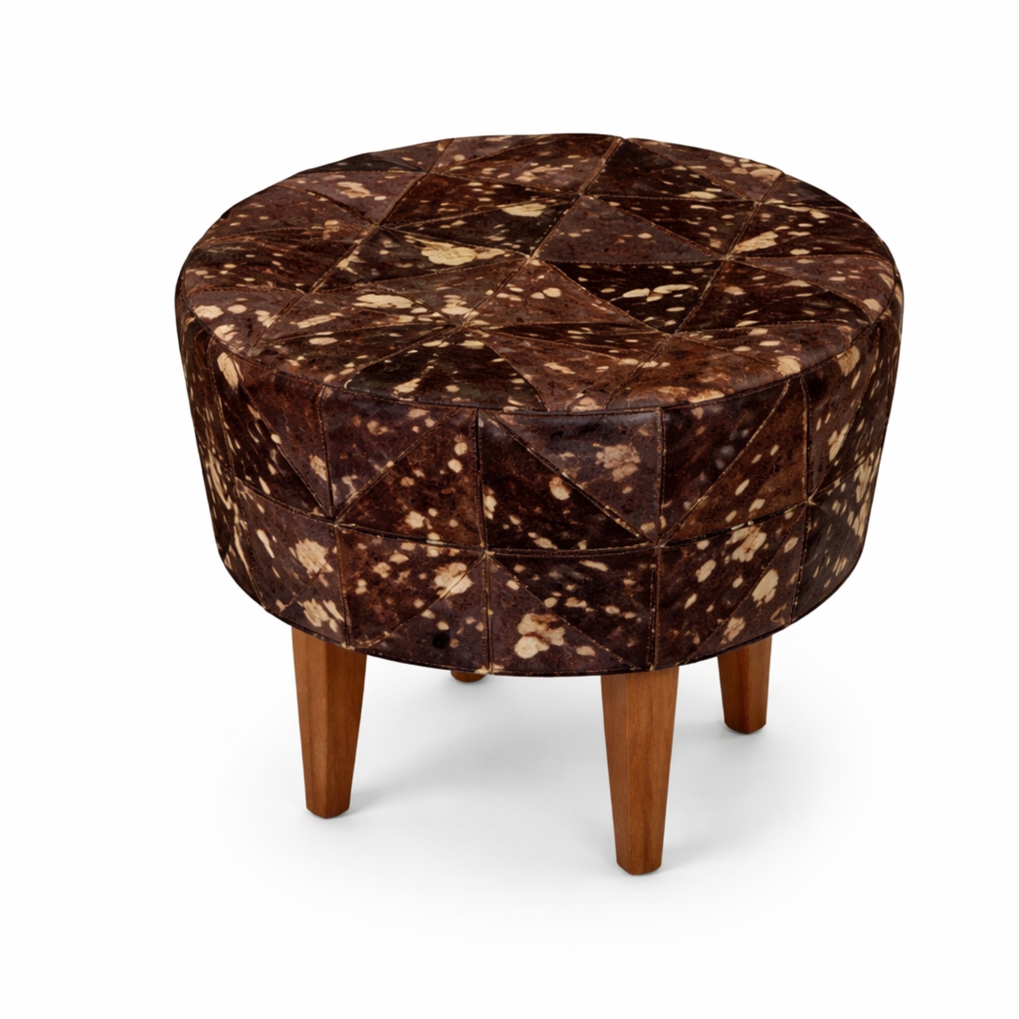 Round ottoman with a patterned brown top and wooden legs on a white background