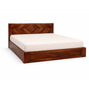 Wooden bed frame with a white mattress on a white background