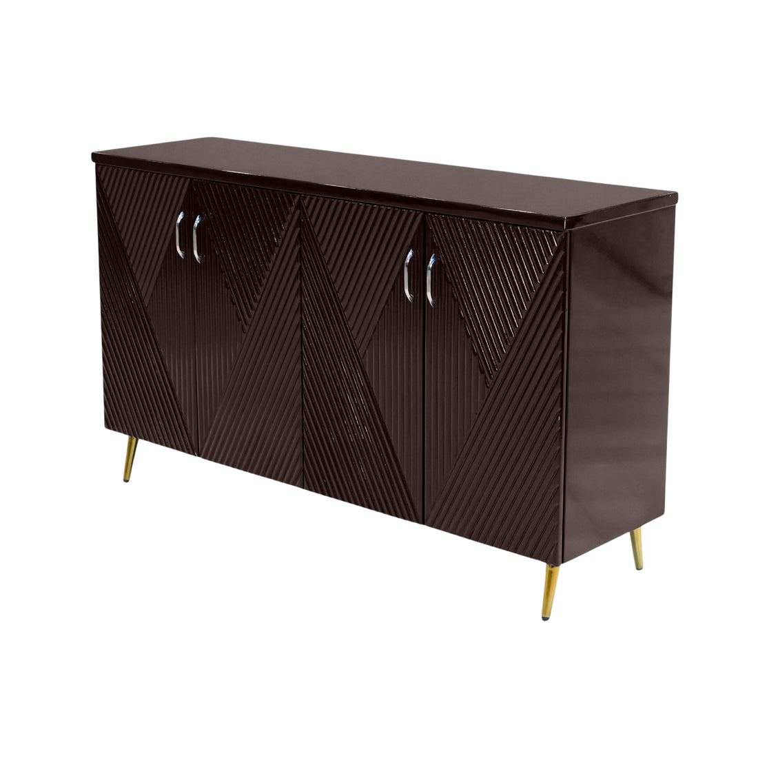 Dark brown sideboard with geometric design on a white background