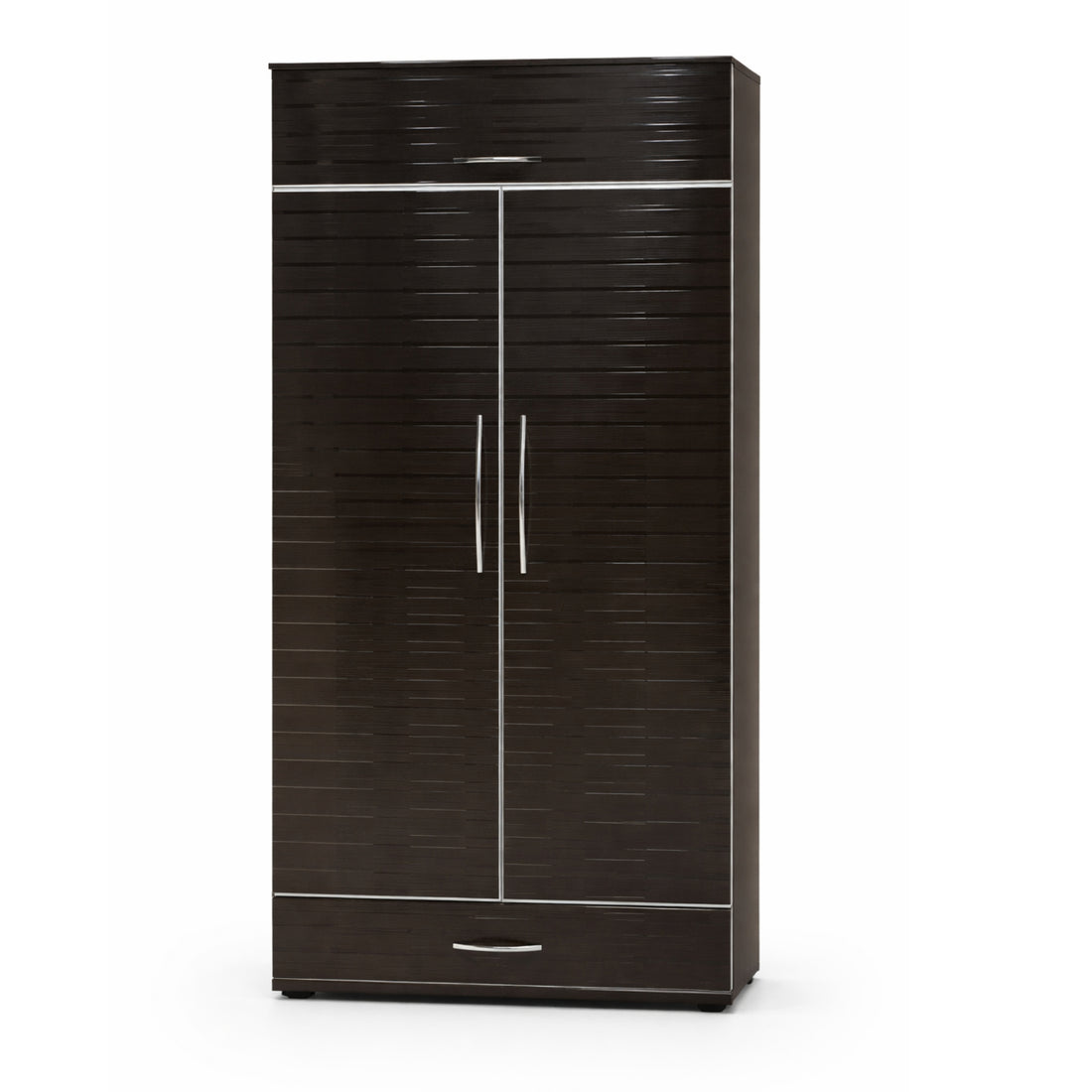 Dark wooden wardrobe with two doors and a handle on a white background