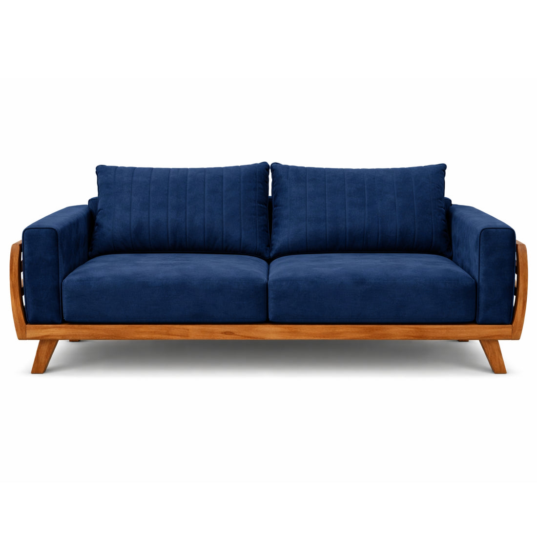 Blue sofa with wooden frame on a white background