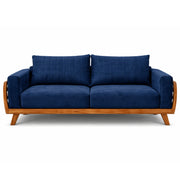 Blue sofa with wooden frame on a white background