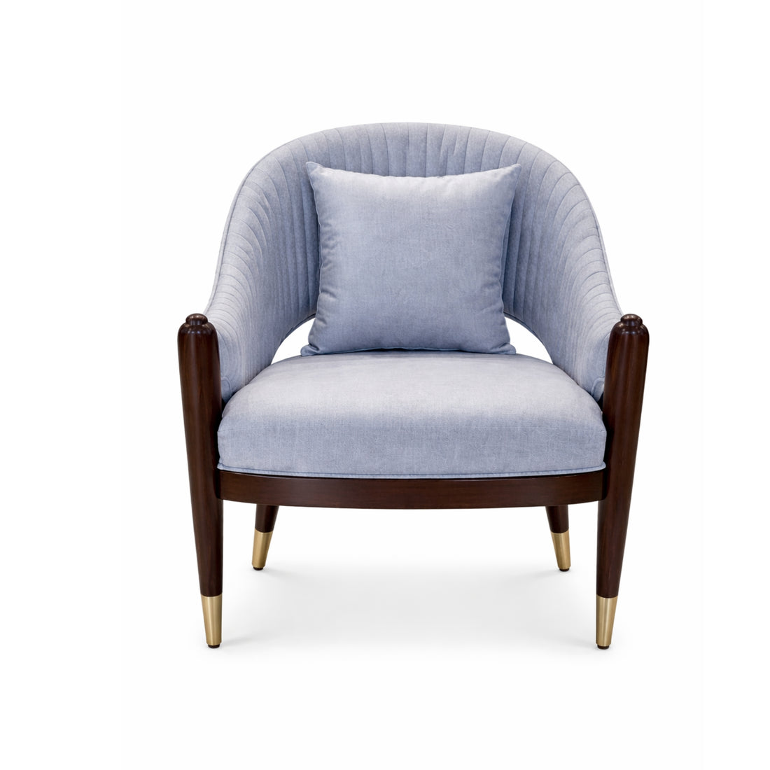 Light blue armchair with wooden legs on a white background