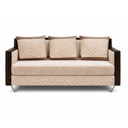 Beige sofa with quilted design and wooden frame on a white background