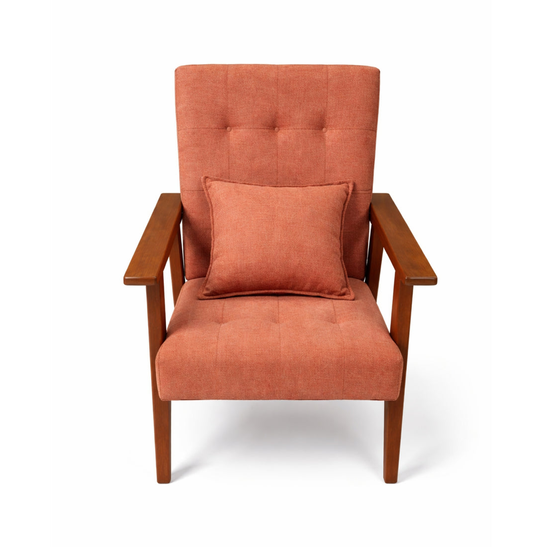 Orange armchair with a wooden frame on a white background