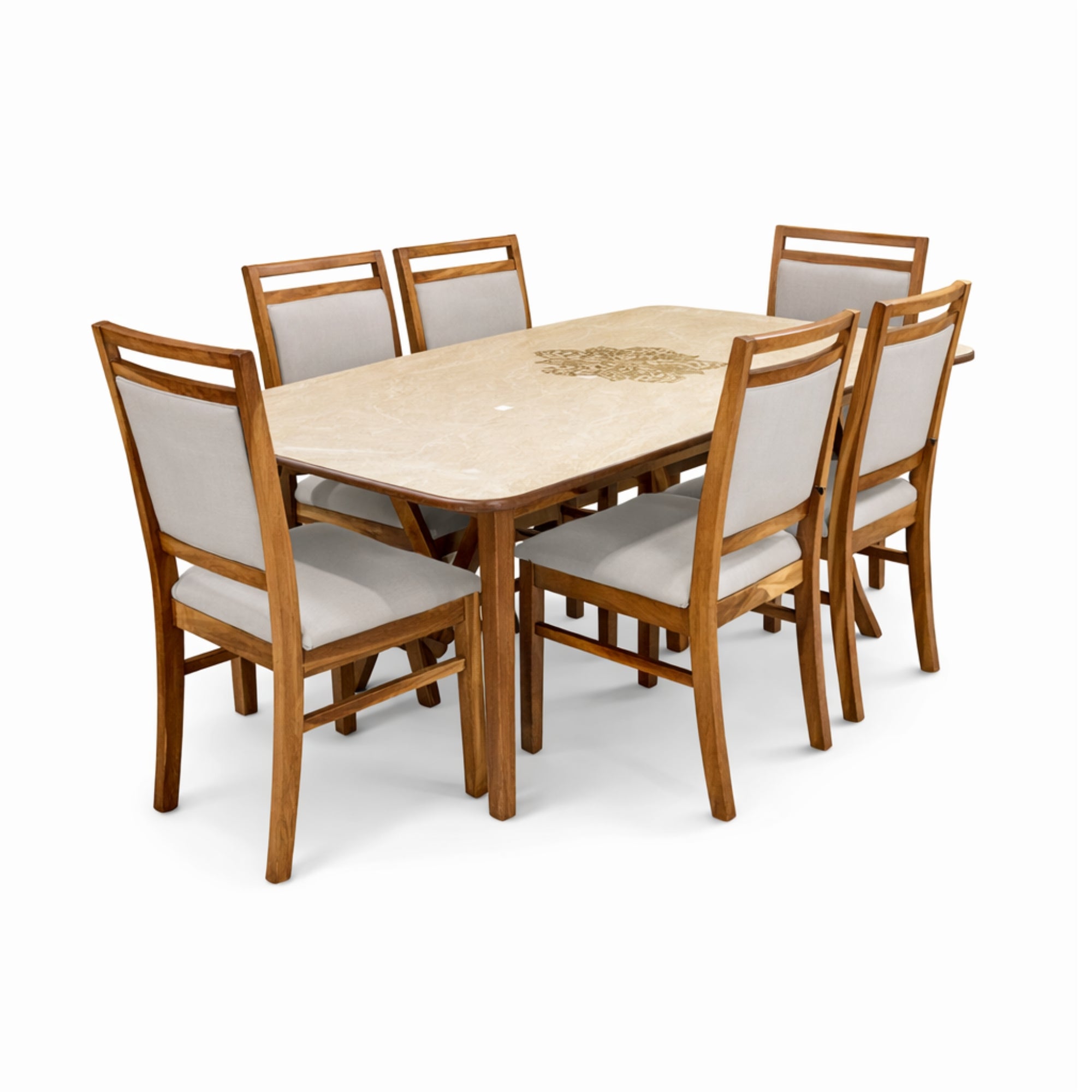U1 6-Seater Marble Dining Table Set – Solid Wood Dining Table with Fabric Chairs