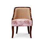 Chair with floral patterned seat and wooden frame on a white background