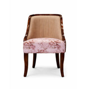Chair with floral patterned seat and wooden frame on a white background
