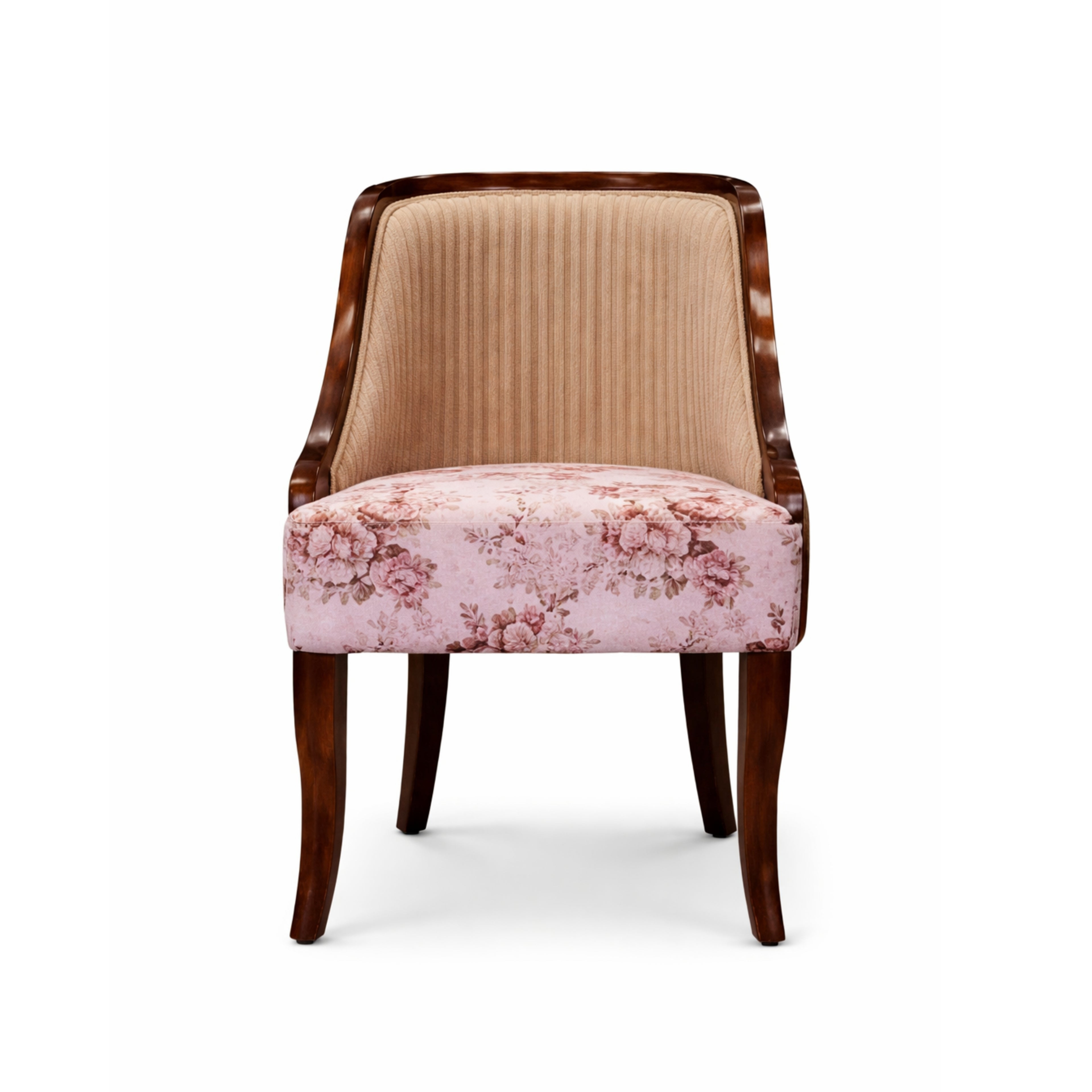 Chair with floral patterned seat and wooden frame on a white background