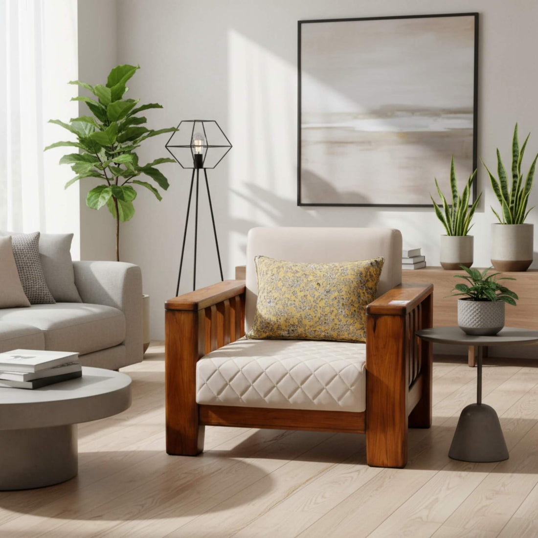 Nicco 1 Seater Sofa- Solid Wood Frame with Quilted Upholstery