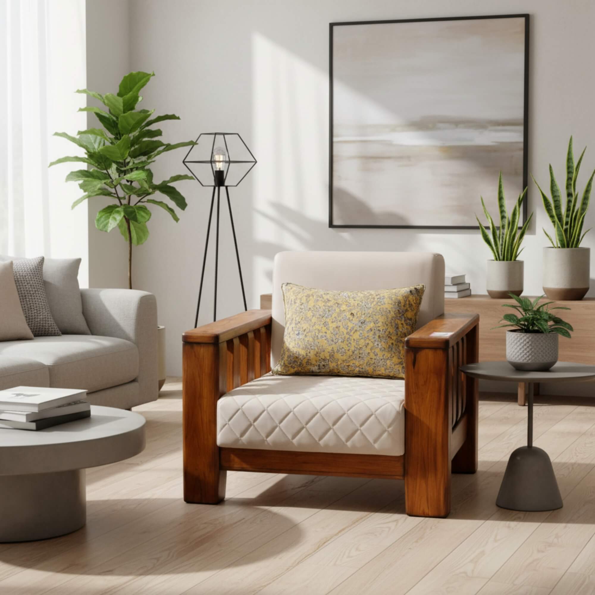 Nicco 1 Seater Sofa- Solid Wood Frame with Quilted Upholstery