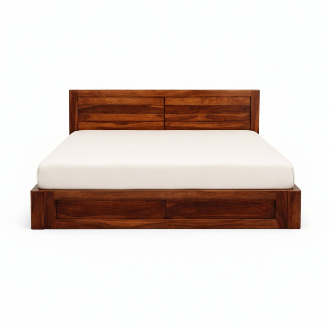 Wooden bed frame with white mattress on a white background